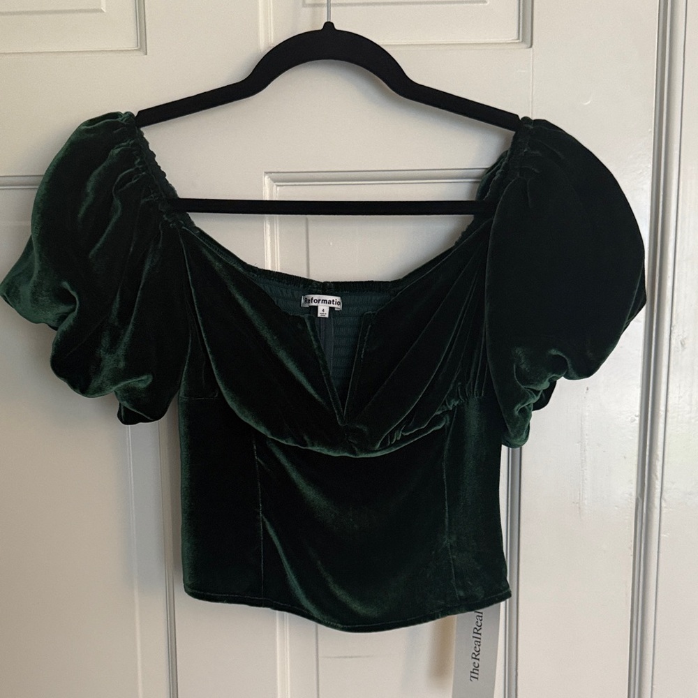 Reformation Green Velvet Puff Sleeve Blouse